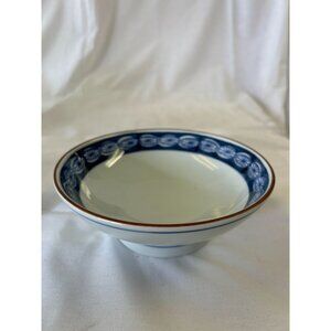 Vintage Blue & White Ceramic Bowl With Floral Rim Design 6-Inch Diameter Decorat